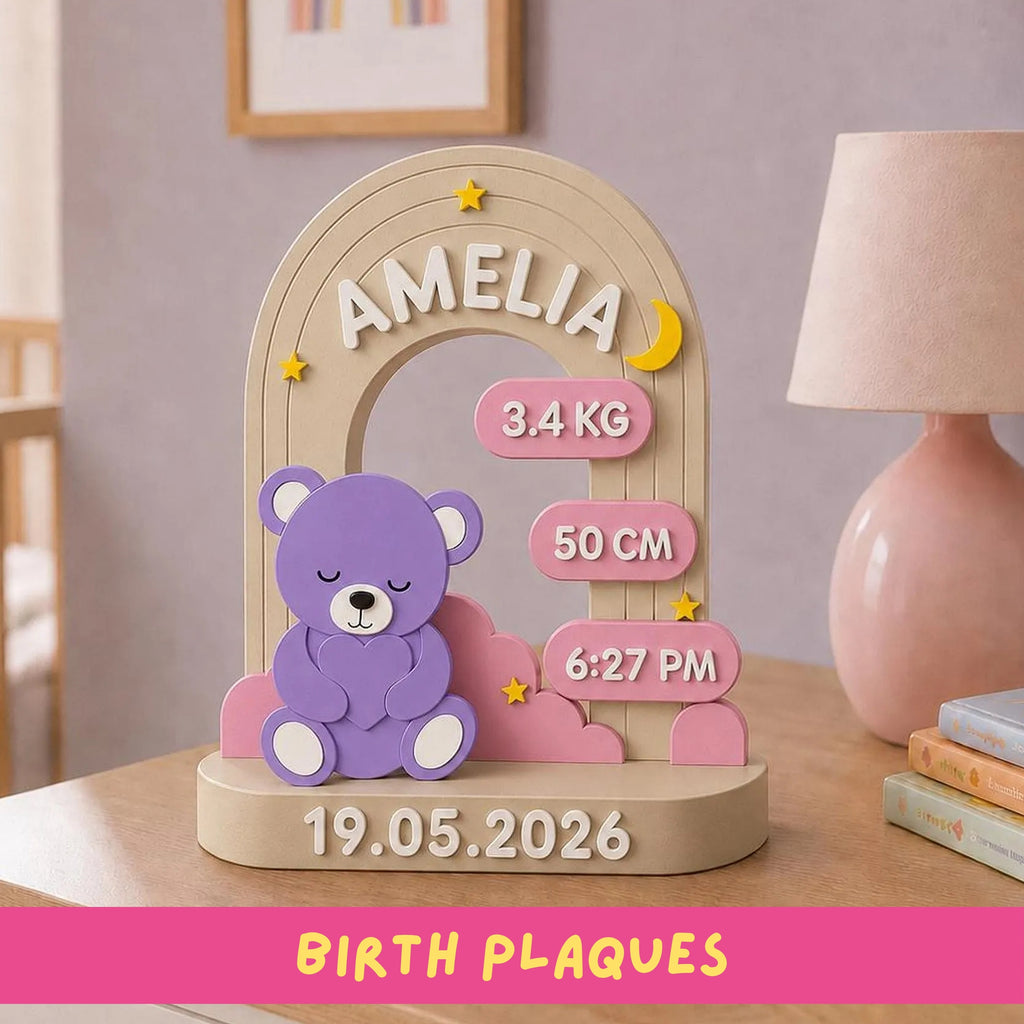 Custom Baby Plaque, 3D-Printed Birth Keepsake with Teddy