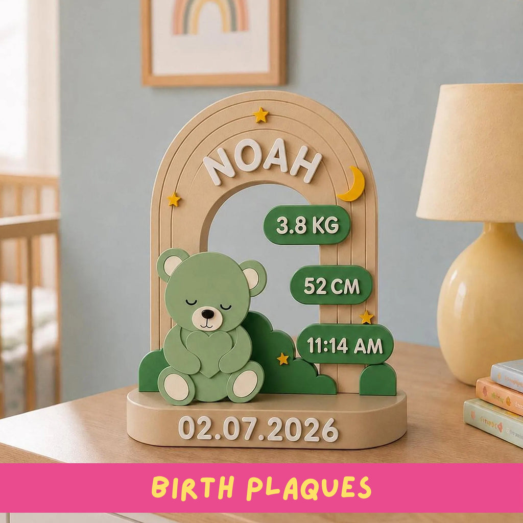 Custom Baby Plaque, 3D-Printed Birth Keepsake with Teddy