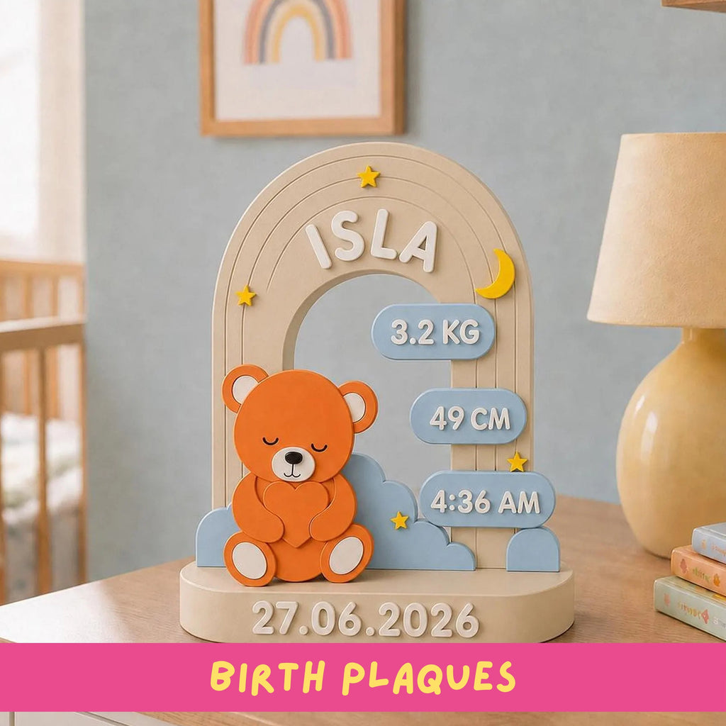 Custom Baby Plaque, 3D-Printed Birth Keepsake with Teddy
