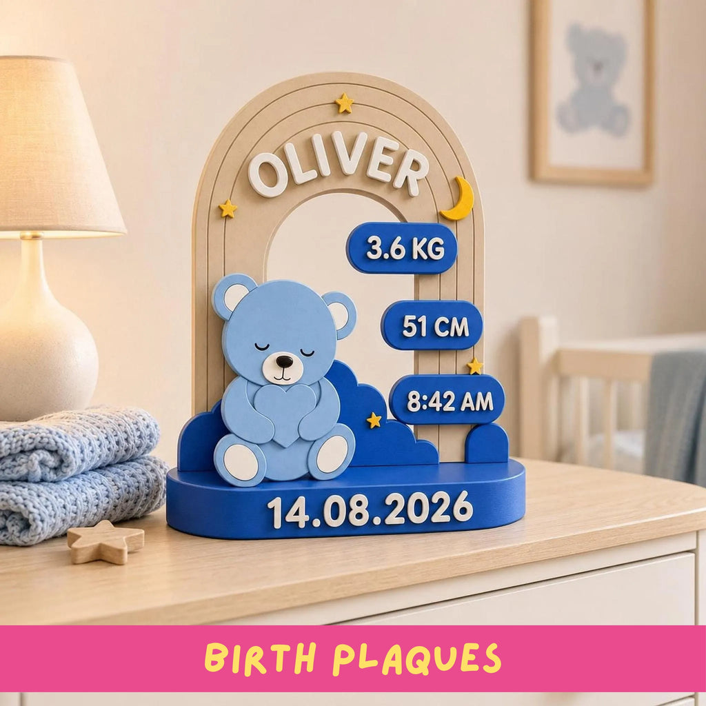 Custom Baby Plaque, 3D-Printed Birth Keepsake with Teddy