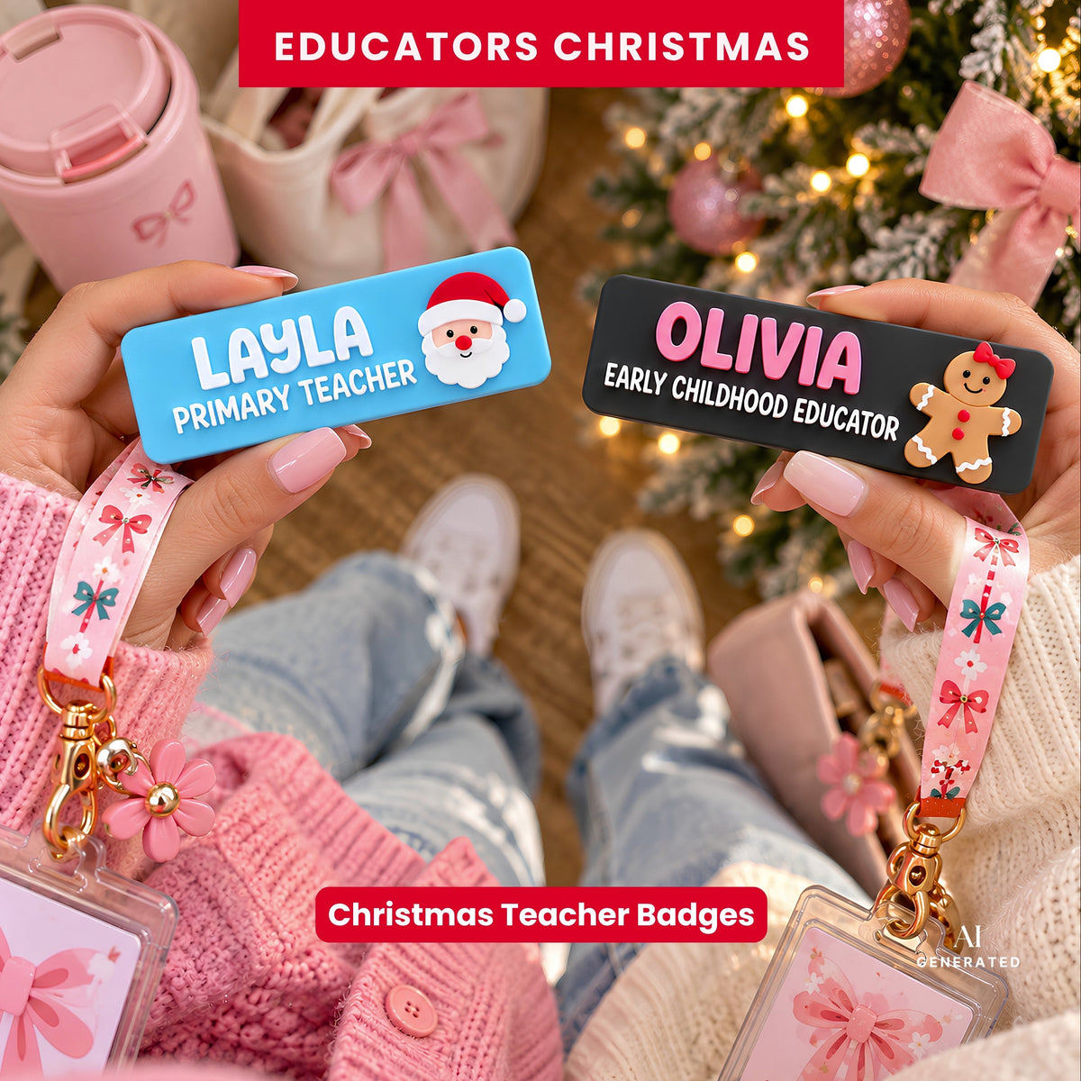 Two personalized Christmas teacher badges held by hands in a cozy holiday setting. One badge is light blue with a Santa Claus graphic and the text 'LAYLA PRIMARY TEACHER', and the other is black with a gingerbread cookie graphic and the text 'OLIVIA EARLY CHILDHOOD EDUCATOR'.