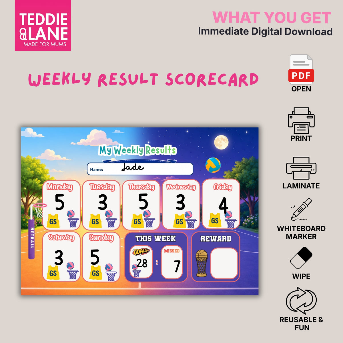 Digital Downloads Netball Routine Chart