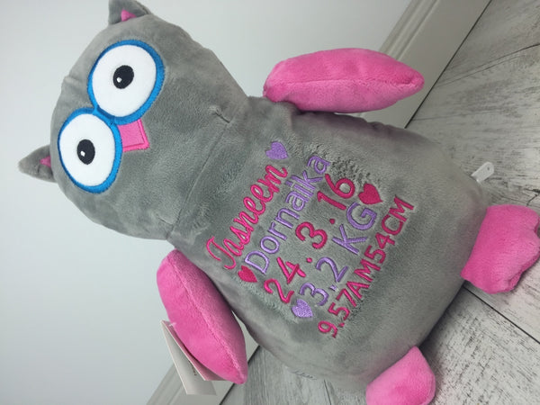Personalised Teddy Bear -Hooty Lou OWL Pink/Grey Cubbie - Teddie & Lane
