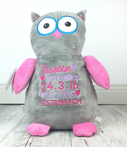 Personalised Teddy Bear -Hooty Lou OWL Pink/Grey Cubbie - Teddie & Lane