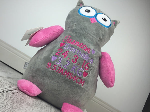 Personalised Teddy Bear -Hooty Lou OWL Pink/Grey Cubbie - Teddie & Lane